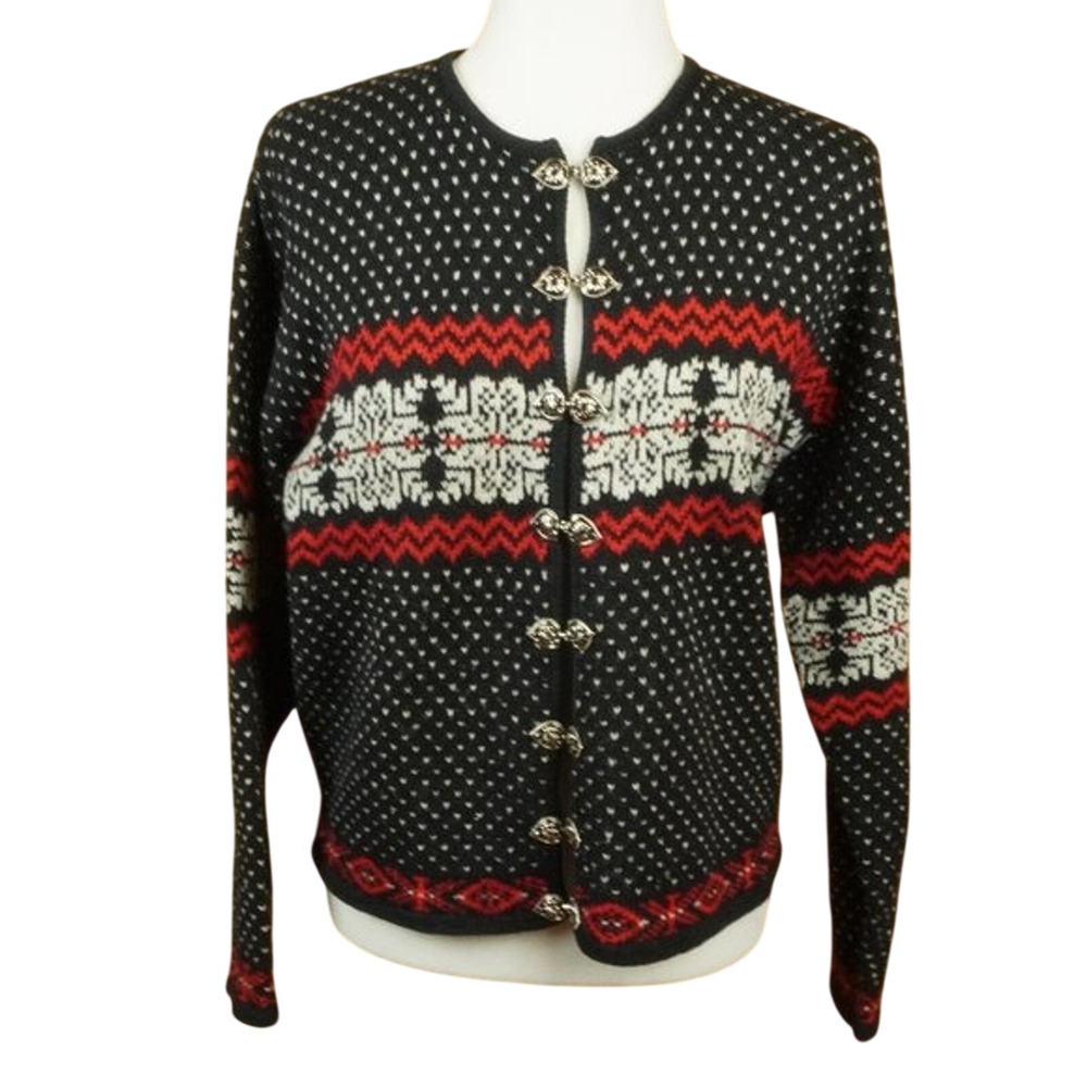 Marsh Landing Wool Blend Blue White Red Cardigan Sweater Size Large